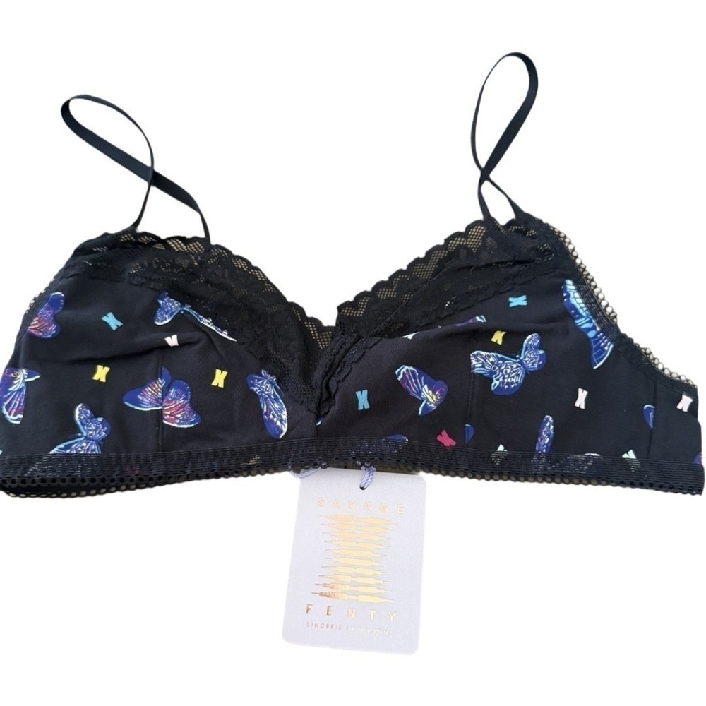 Savage X Fenty Bad Butterfly Lace Trim Bralette Black Multi Adjustable S NWT